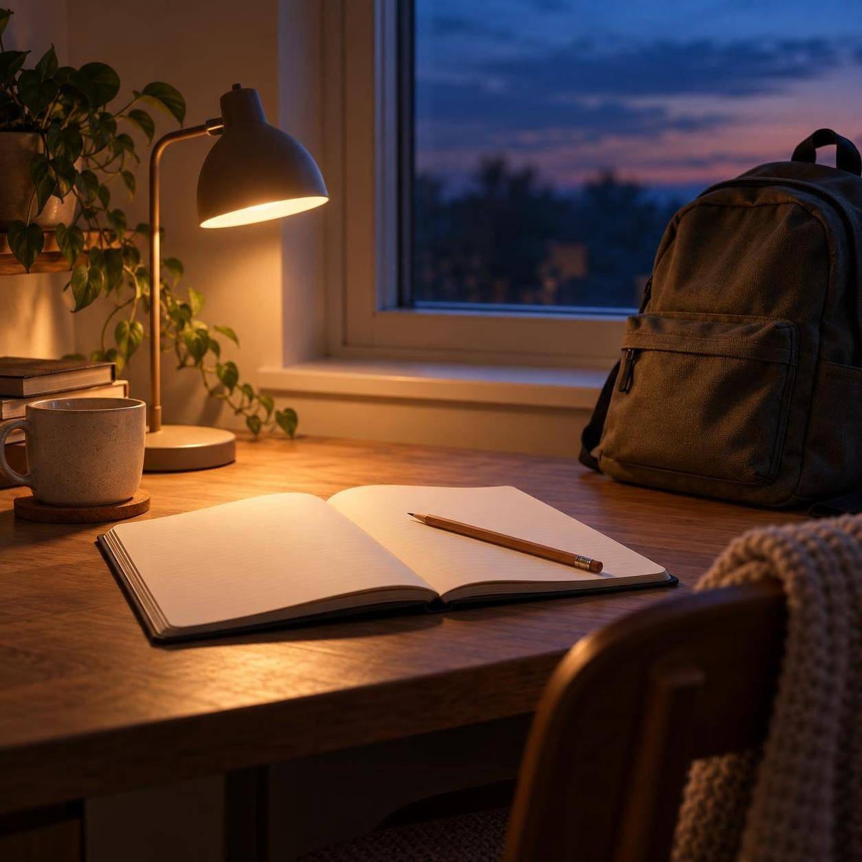 Notebook, pencil, lamp, and backpack beside a quiet window
