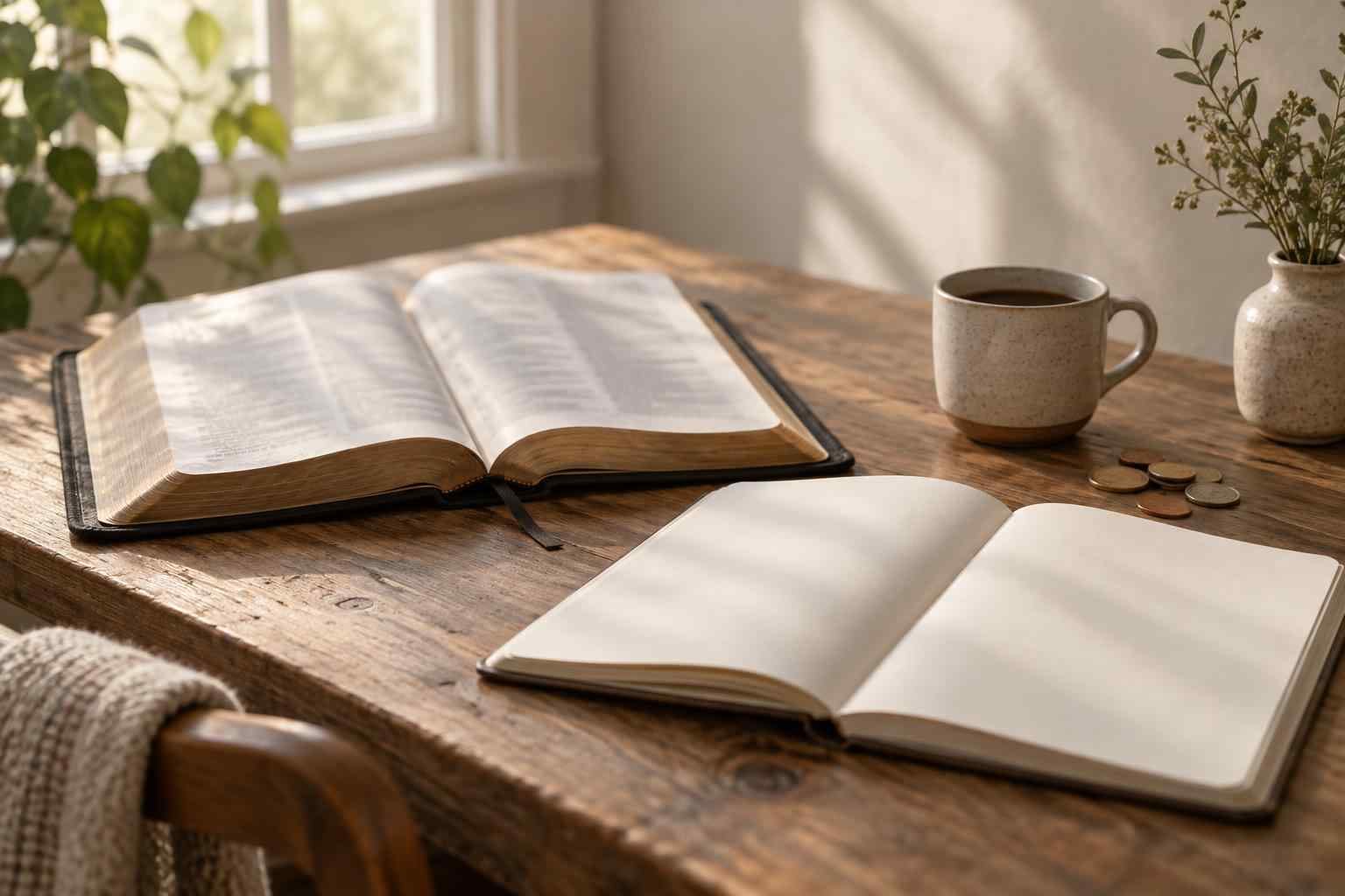 An open Bible, blank notebook, cup, and coins in soft morning light