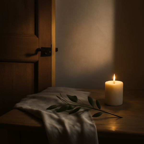 清晨静室里微开木门与烛光的静物