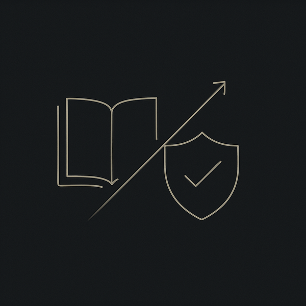 Minimal abstract cover: constitution outline + drift axis + shield/checkmark, monochrome.