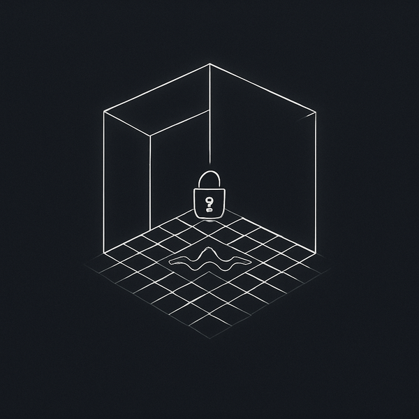 Minimal abstract cover: wireframe world portal + padlock + interference wave, monochrome.