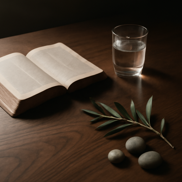 清晨桌上翻开的圣经与一杯水，静静提醒真理要扎深