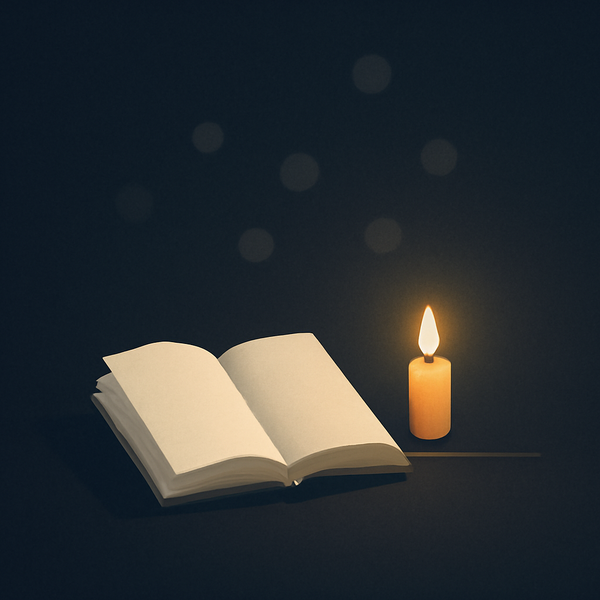 A single open book lit by a small candle, with faint blurred notification lights fading into the background