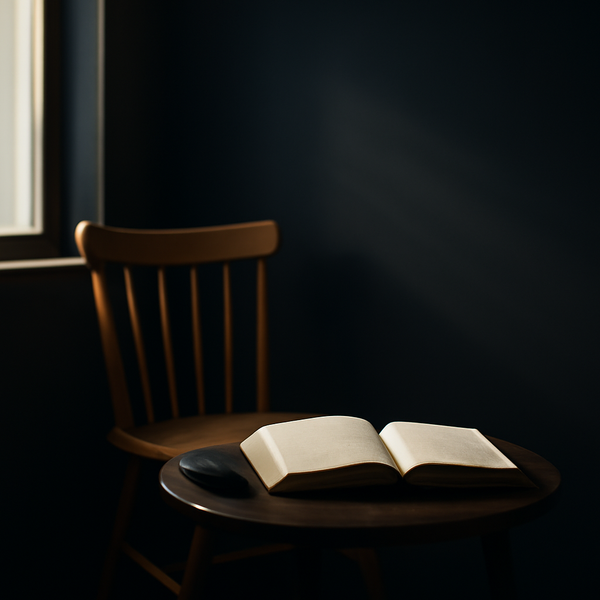 A minimalist chair by a window in soft morning light with an open Bible on a small table and a phone placed face-down