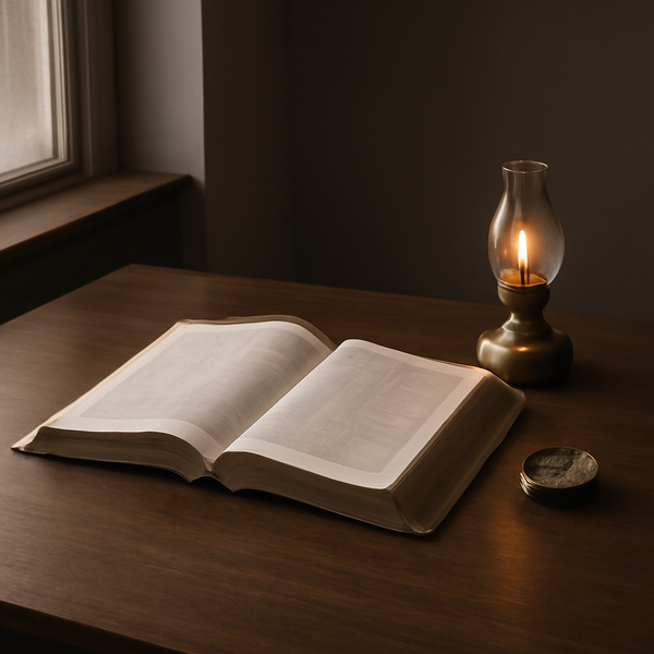 一盏小油灯旁摊开的圣经与一颗指南针，安静象征真理引导脚步