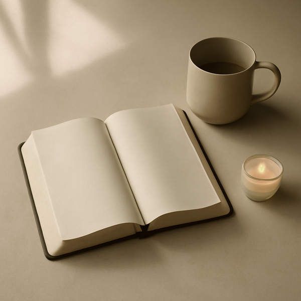 A minimal still-life of an open Bible and a small brass compass in soft morning light, with a faint forked path suggested in the background