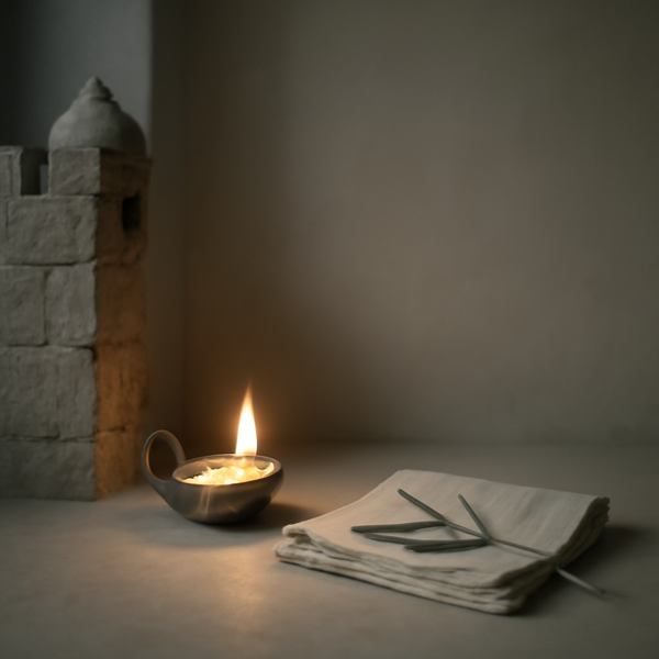 清晨微光下的守望灯与一段石墙，象征警醒与守望