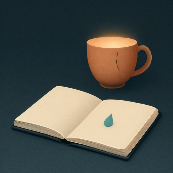 Soft light spilling through a cracked clay cup onto an open journal and single tear-shaped droplet