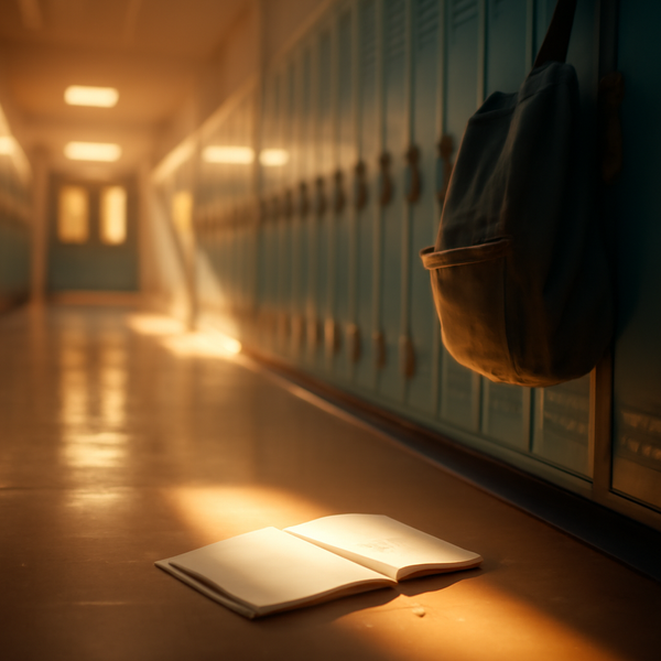 Locker hallway with warm light on a small notebook and pencil