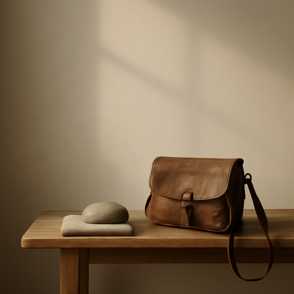 清晨柔光中，一只小皮包与一块光滑石头，象征把重担交托、只背一天