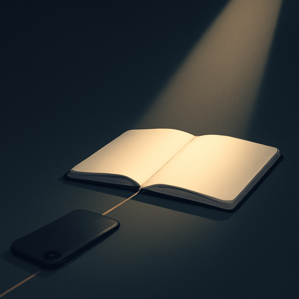 Warm beam of light falling on an open journal while a facedown smartphone fades into the shadows