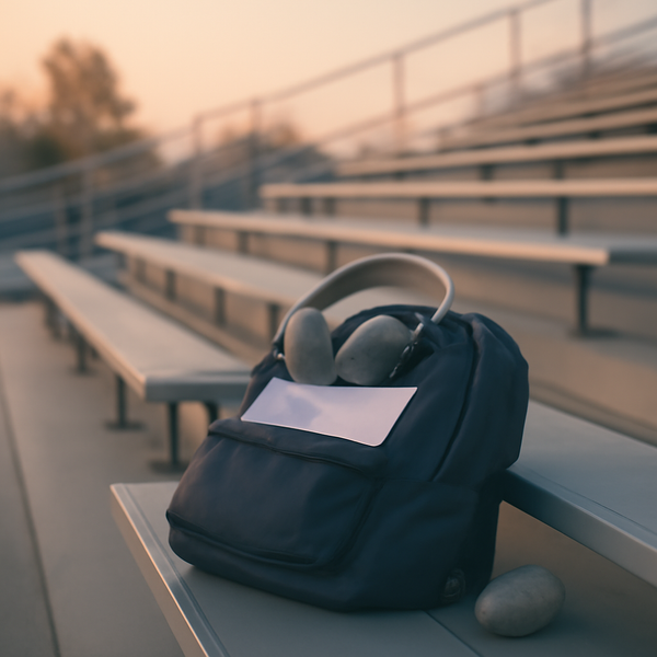 Soft dawn light on a high-school bench with a backpack, headphones, and a folded class schedule