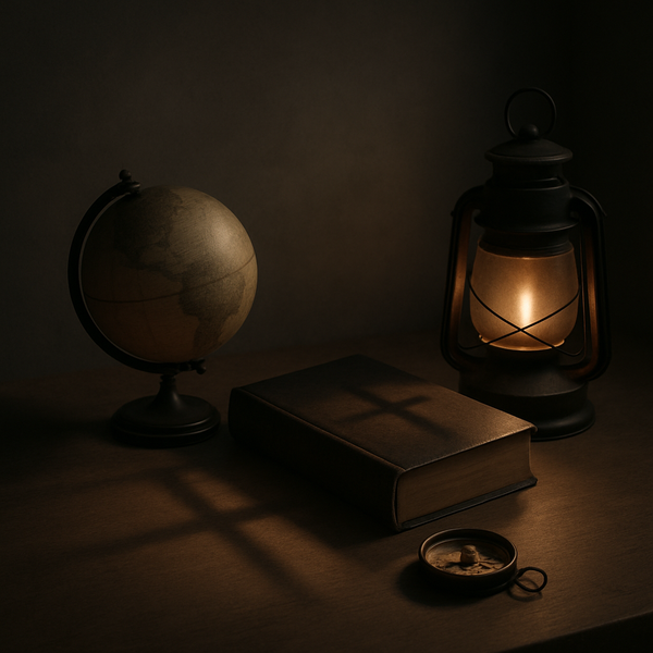 一幅安静留白的静物：一只小地球仪与罗盘、旁边合起的圣经与一盏微光的灯，暗处形成十字形影子