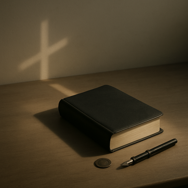 一幅安静留白的静物：木桌上放着一本合起的圣经（无可读文字）、一枚旧硬币与一支钢笔，晨光下投出清晰的十字形阴影