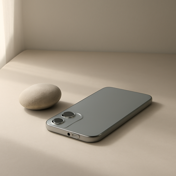 A calm minimalist still-life of a phone facedown beside a small smooth stone