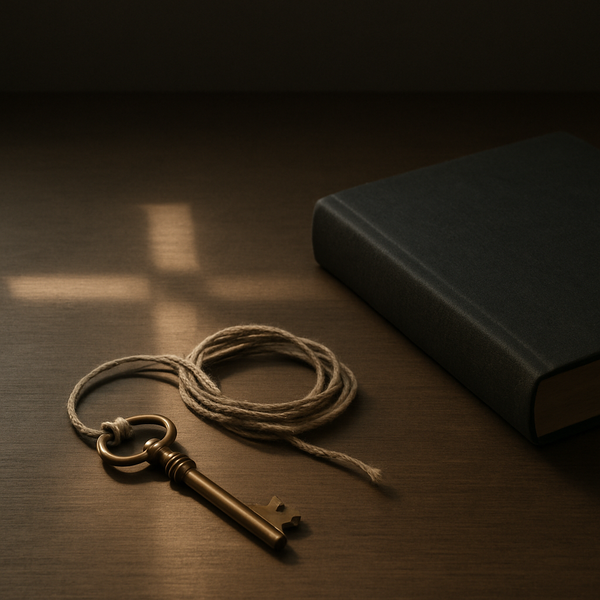 一幅克制安静的静物：木桌上放着一把旧钥匙、一条细麻绳与一本合起的圣经（无可读文字），晨光投下淡淡十字形光影，留白充足