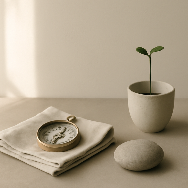 A calm, minimal still-life with a compass, stone, and small sprout in soft morning light.