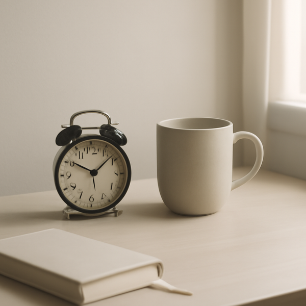 A calm minimalist still-life of an alarm clock and mug in soft morning light