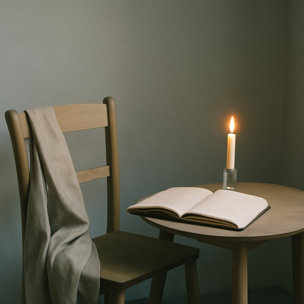 A calm, minimal still-life with an empty chair, a small candle, and an open Bible in soft morning light.