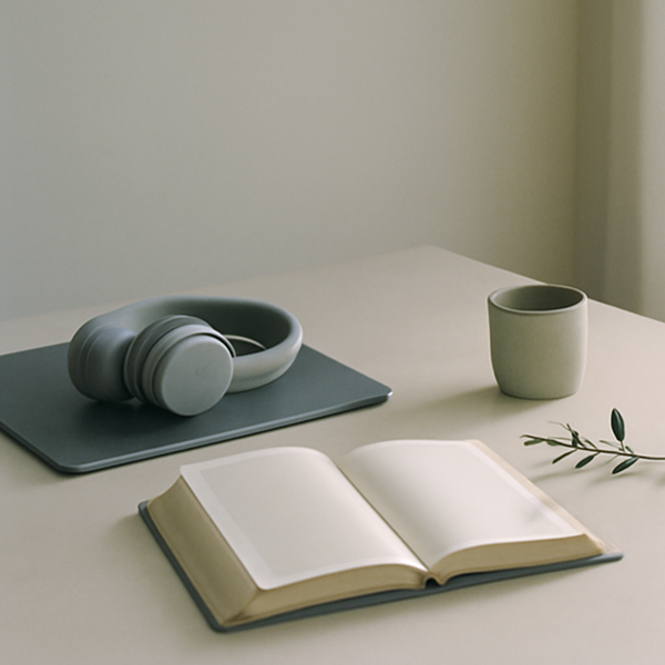 A calm, minimal still-life with a closed laptop, simple headphones, and an open Bible in soft morning light.