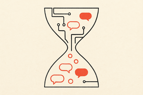 Minimal editorial illustration of an abstract hourglass made of circuit traces, suggesting compounding latency