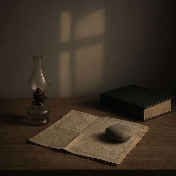 一幅克制安静的静物：木桌上放着一盏小油灯、折起的旧地图与一枚圆润的卵石，旁边有一本合起的圣经（无可读文字）；清晨柔光在桌面投出淡淡十字形光影，留白充足