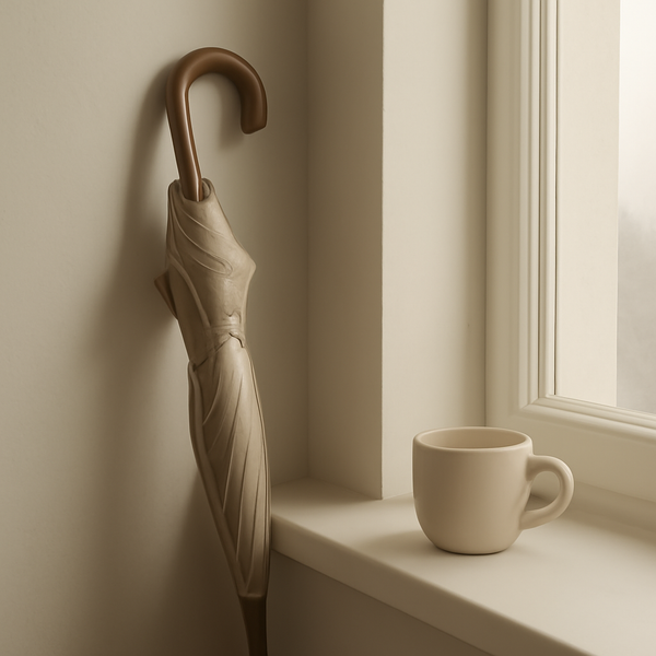 A calm minimalist still-life of a closed umbrella by a window in soft morning light