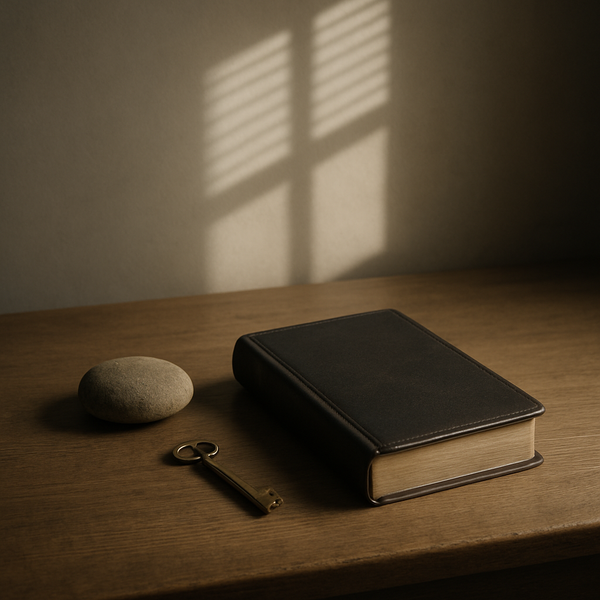 木桌上，一把小钥匙与合起的皮面圣经并放，晨光投下淡淡十字光影，象征看守内心。
