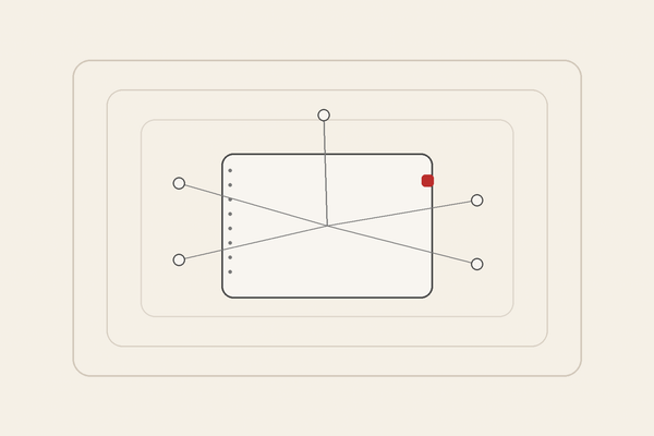 Minimal editorial illustration of nested governance layers around a central receipt-like card connected to nodes