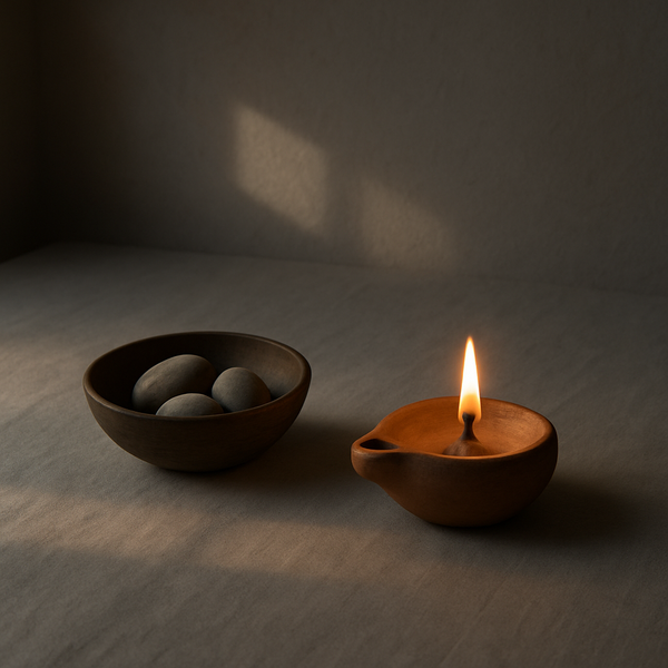 亚麻布上，一盏朴素油灯微光，旁边是盛着几颗石子的木碗，晨光投下淡淡十字影，象征暗处的忠心。