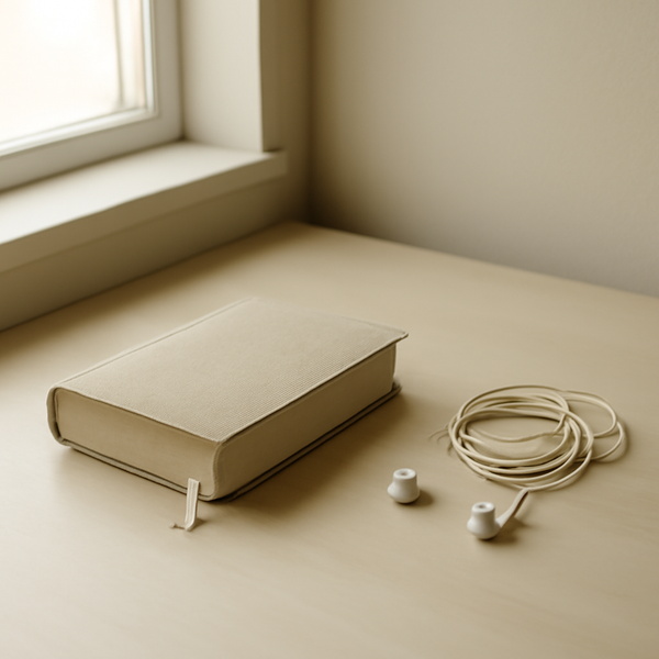 A calm minimalist still-life of a closed Bible with a simple bookmark beside a pair of earbuds in soft morning light