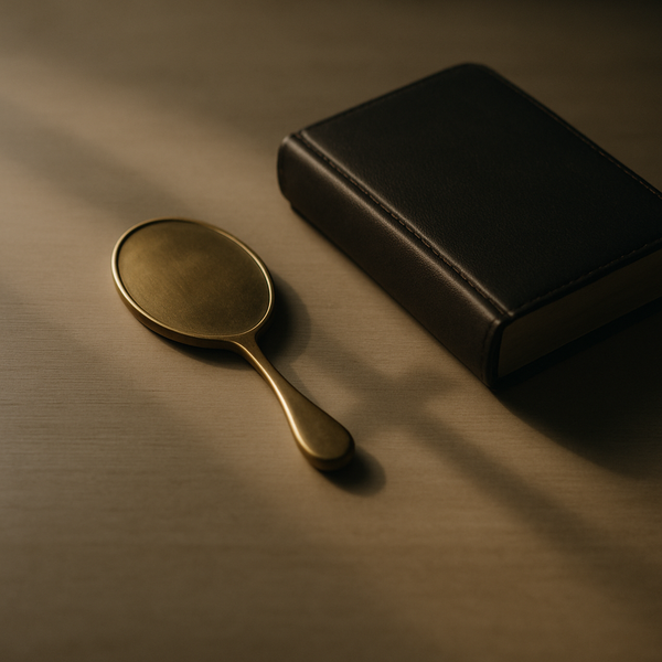 木桌上，一面黄铜小镜子扣放在合起的皮面圣经旁，晨光投下淡淡十字影，象征不再活在人前的目光里。