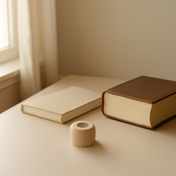 A calm minimalist still-life of a small bandage roll beside a simple journal and a closed Bible in soft morning light