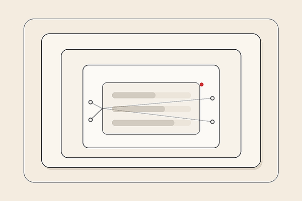 Minimal editorial illustration of layered evaluation cards and a simple score dashboard connected to small trace nodes