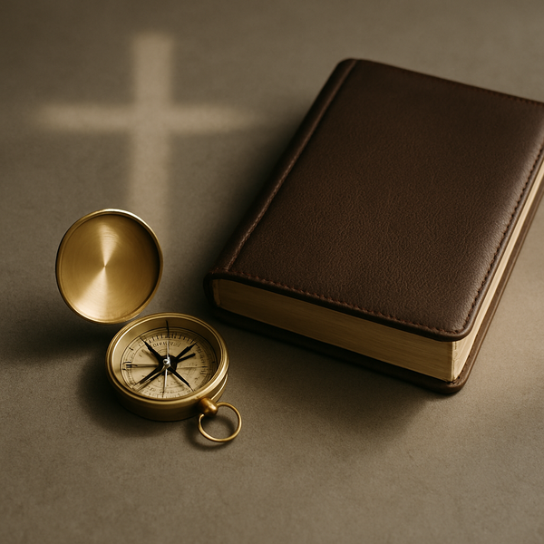 石面上，一枚黄铜指南针与合起的皮面圣经并放，晨光投下淡淡十字影，象征在主里等候而重新得力。