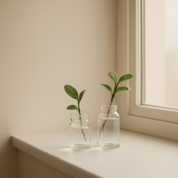 A calm minimalist still-life of two small plant cuttings in simple glass jars of different heights on a windowsill in soft morning light