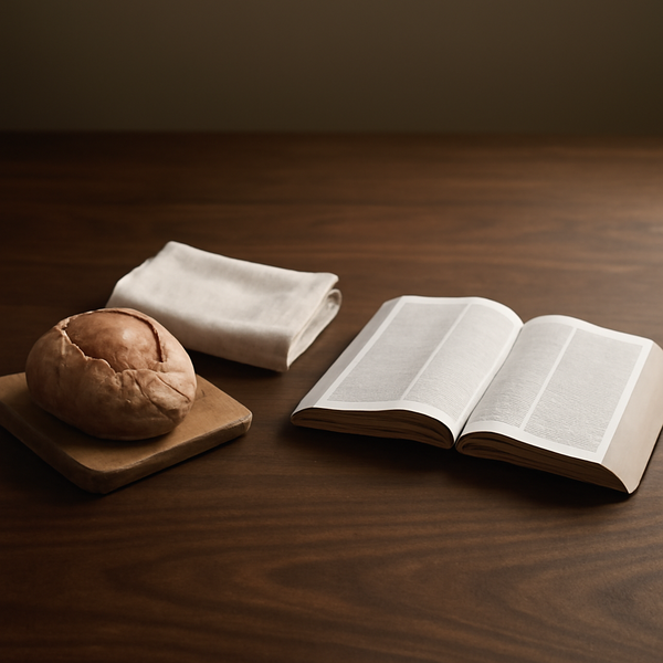 木桌上的一块朴素面包、折好的亚麻毛巾与摊开的圣经，象征被装备去服事