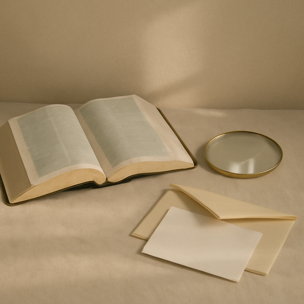A calm, minimal still-life with an open Bible, a small round mirror reflecting soft light, and a blank card - suggesting being known and loved by God.