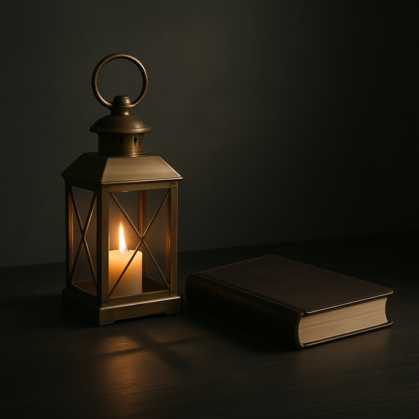 暗色木面上，一盏微微发光的黄铜灯与合起的皮面圣经并放，晨光投下淡淡十字影，象征警醒站立、在主里刚强。