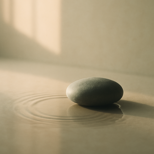 A calm, minimal still-life of a smooth stone by still water, with a single gentle ripple - suggesting releasing worry and receiving peace.