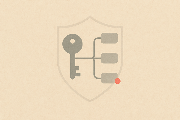 Minimal editorial illustration of a key transforming into a branching toolflow diagram with a subtle shield outline and a single red accent dot