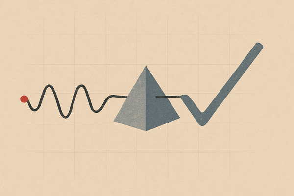 Minimal editorial illustration of a radar-like signal waveform passing through a prism and becoming a checkmark, with a subtle grid and a single red accent dot