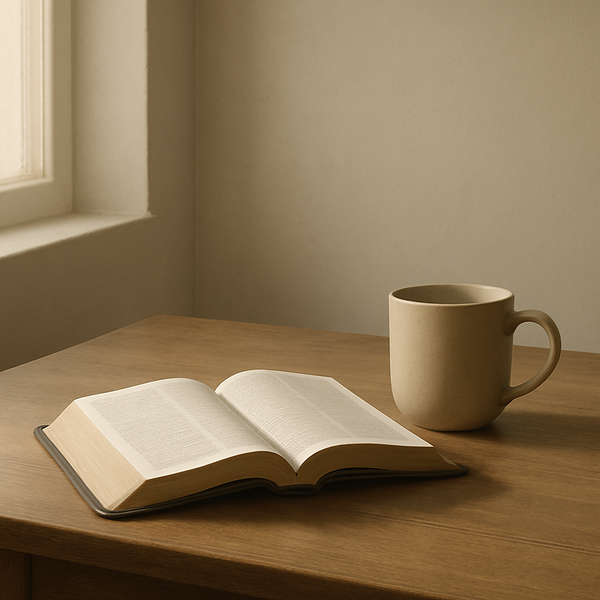 清晨柔光下的打开圣经与一只简洁陶杯，画面留白安静，无文字