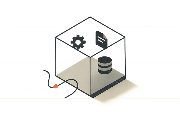Minimal editorial illustration of a transparent sandbox cube containing small abstract work icons while a signal line is redirected back inside, with a subtle grid and a single red accent dot
