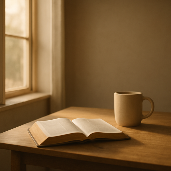 清晨柔光下，木桌上摊开的圣经与一只素色杯子，画面留白安静。