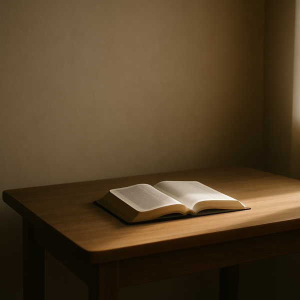 清晨柔光照在摊开的圣经上，画面留白安静。