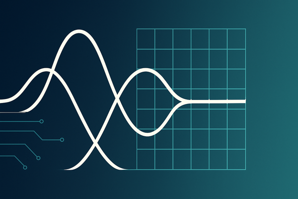 Abstract signal waves intersecting a grid, representing AI signals and reality checks