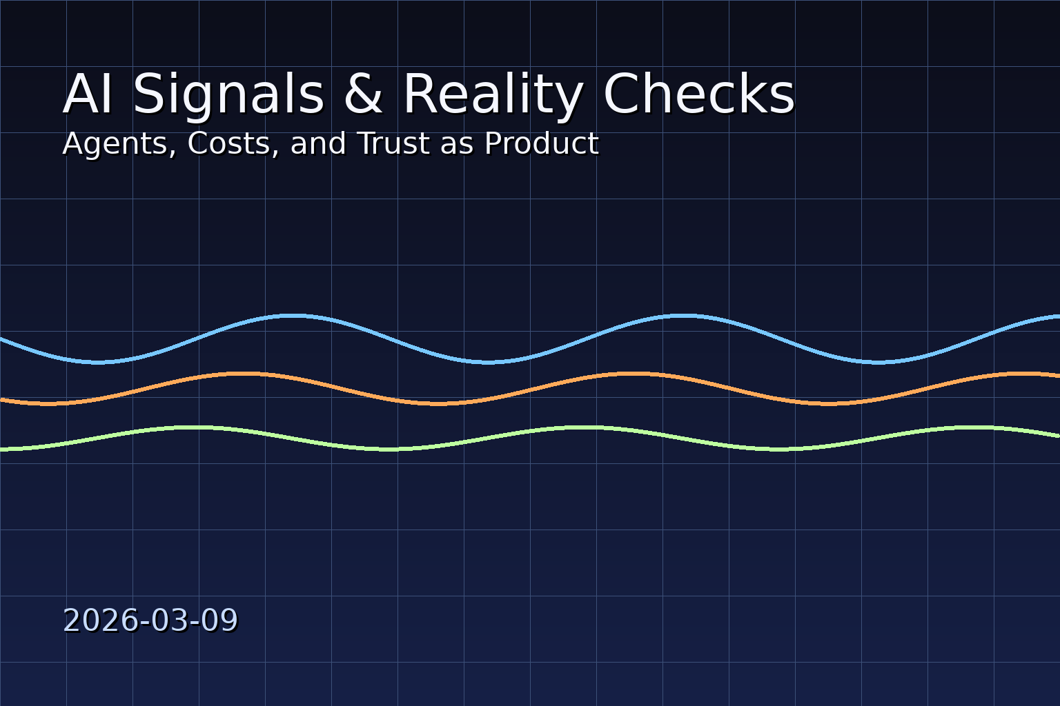 Abstract signal waves over a grid, symbolizing operational AI signals and reality checks