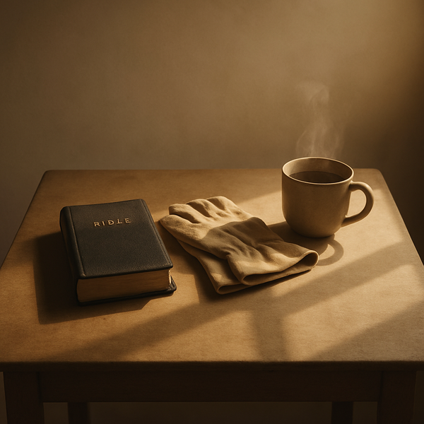 清晨的木桌上，一本合上的圣经旁放着一双手套与一杯热茶，光影安静。