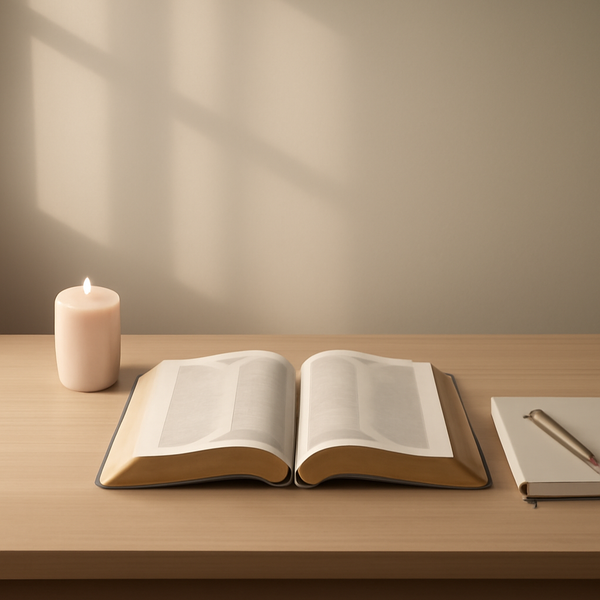 A calm still-life of an open Bible beside a small candle and a blank notebook in soft morning light.